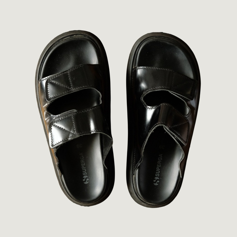 Superga Sandals Double Strap Platform Slide Black Glossy Chunky Sole Size 39 90s